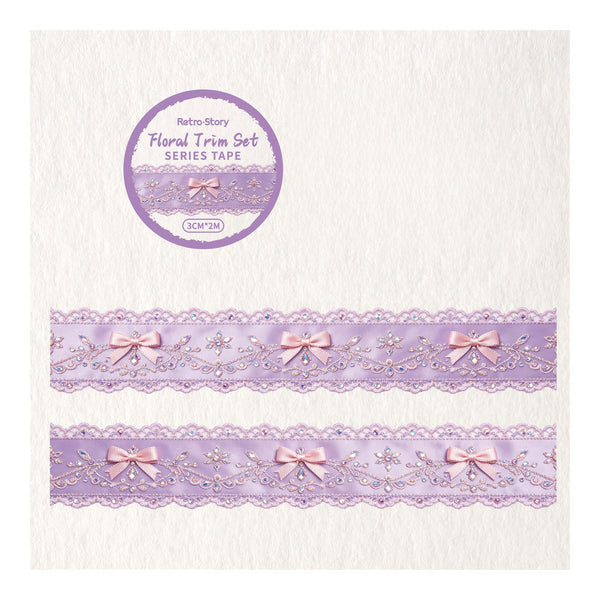 A product display of a lavender and pink floral trim set, featuring two horizontal strips of decorative lace trim with bows and a circular product label at the top left on a textured off-white background.