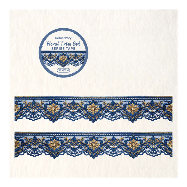 A roll of Retro Story Floral Trim Set tape is shown on a textured off-white background, with two horizontal strips of the blue and gold patterned lace trim displayed below the roll.