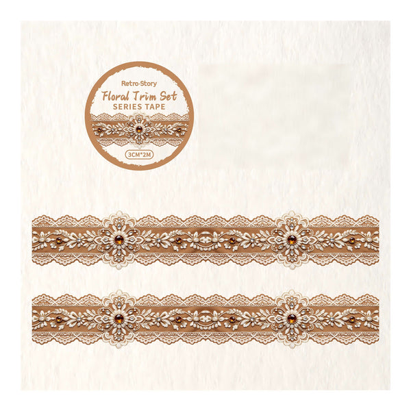 A product display showing two horizontal strips of floral lace trim and a circular product label. The lace is a warm tan/beige color with white embroidered details and a central brown jewel motif, set against a textured off-white background.