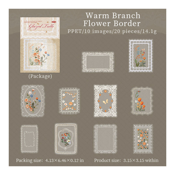 Packaging of Warm Branch Flower Border with product images on a gray background