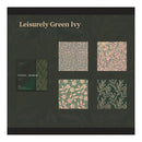 Collection of patterned paper sheets with 'Leisurely Green Ivy' branding on a dark background.