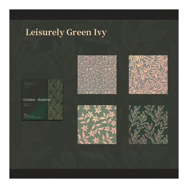 Collection of patterned paper sheets with 'Leisurely Green Ivy' branding on a dark background.
