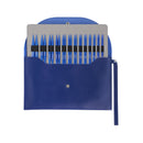 A blue leather knitting needle holder pouch containing a set of blue knitting needles, shown against a plain white background.