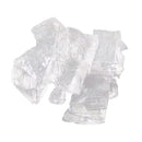 A pile of clear, textured ice cubes on a solid white background.