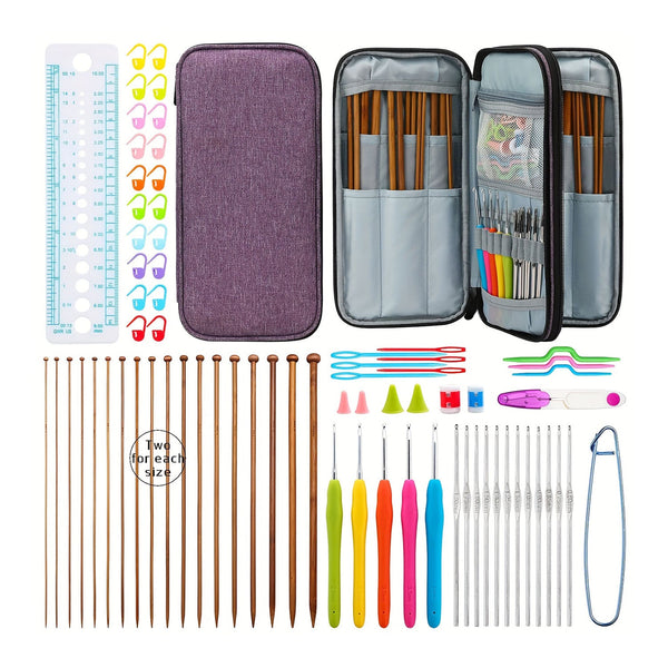 Knitting and crochet tool set with various needles and accessories on a white background