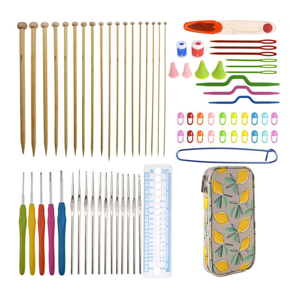 Collection of knitting and crochet tools including needles, hooks, and a case on a white background