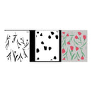 Three rectangular stencil or decal sheet previews on a white background: a black botanical outline sheet labeled 1-1, a black floral silhouette sheet labeled 1-2, and a gray sheet with pink flower shapes and green stems.