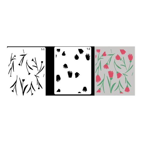 Three rectangular stencil or decal sheet previews on a white background: a black botanical outline sheet labeled 1-1, a black floral silhouette sheet labeled 1-2, and a gray sheet with pink flower shapes and green stems.