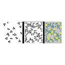 A stencil or decal sheet design showing black berry-like dots on the left, a black leaf pattern panel labeled 2-1 in the center, and a gray sheet with the same leaf pattern filled with small yellow and green leaf details on the right.