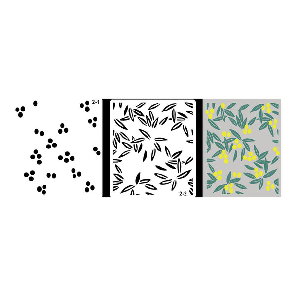 A stencil or decal sheet design showing black berry-like dots on the left, a black leaf pattern panel labeled 2-1 in the center, and a gray sheet with the same leaf pattern filled with small yellow and green leaf details on the right.