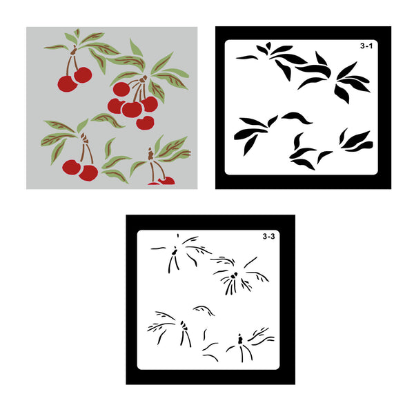 Three square panels showing cherry-themed decorative graphics: a printed pattern with red cherries and green leaves on a light gray background, and two black-and-white stencil-style leaf and cherry outlines labeled 3-1 and 3-3.