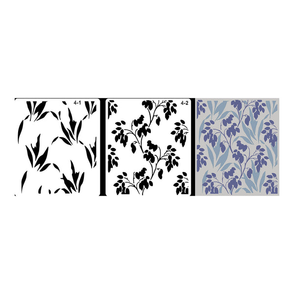 Three rectangular wallpaper or fabric swatch panels shown side by side on a white background. The left panel has black botanical leaf silhouettes on white.