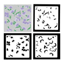 Four square panels showing a floral stencil or decal set: a light gray background with a repeating lavender and green flower pattern in the top-left panel, and three white stencil sheets with black leaf and flower silhouettes labeled 5-1, 5-2, and 5-3 in the other three panels.