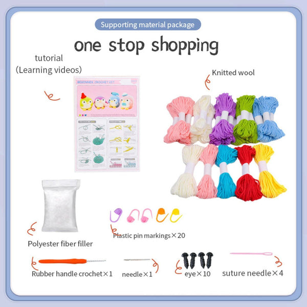 Knitting kit with yarn, polyester fiber filler, and tools on a white background