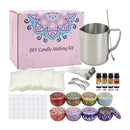 DIY candle making kit with a pink patterned box, stainless steel pouring pot and spoon, wax wick packs, fragrance oil bottles, wicks, metal tins, and decorative lids on a white background.