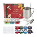 A Christmas-themed DIY candle making kit displayed on a white background, including a red gift box with Santa and holiday graphics, a stainless steel metal pot with handle, wicks, wick trimmer, melting containers, wax melts, and small round lids.