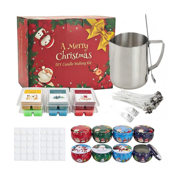 A Christmas-themed DIY candle making kit displayed on a white background, including a red gift box with Santa and holiday graphics, a stainless steel metal pot with handle, wicks, wick trimmer, melting containers, wax melts, and small round lids.