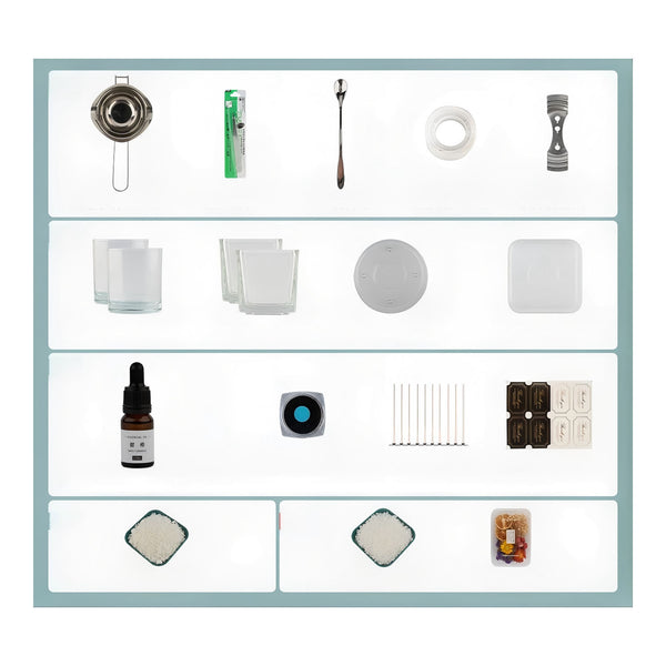 A flat-lay product shot of a DIY wax melt or candle making kit containing various small tools and ingredients, arranged in a grid on a white background with a light blue border.