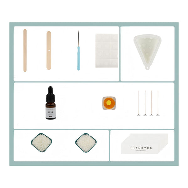 A product kit laid out on a white background with a light blue border, including wooden spatulas, a blue-handled tool, a translucent cone-shaped mold, a small amber dropper bottle, a square orange-and-yellow object, four thin metal rods, two square samples of white powder, and a card that reads THANKYOU.