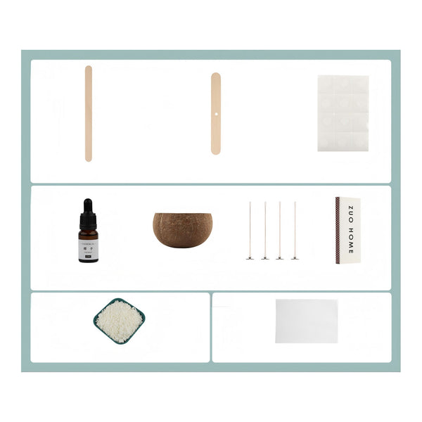 A product kit layout on a white background with a light blue border, showing multiple included items: two wooden sticks, a white cloth, a small amber dropper bottle, a brown bowl, four metal rods, a vertical box labeled 'ZOO HOME', a small dish of white powder, and a blank white square.