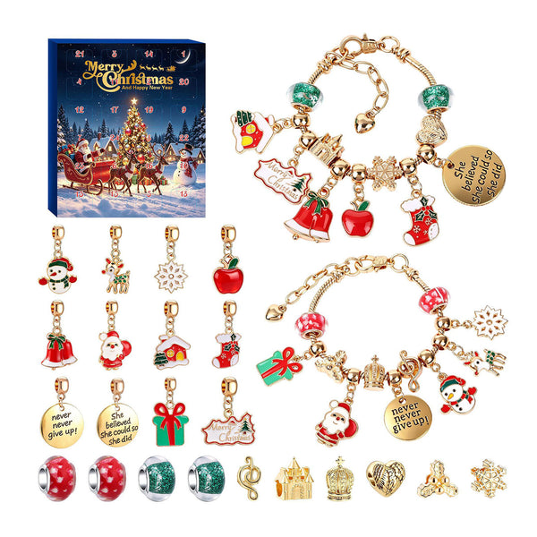 Christmas-themed charm beads and charms set with a blue gift box, featuring gold-tone chains, red and green enamel accents, Santa Claus, snowman, bell, stocking, gift, snowflake, crown, and heart charms.
