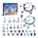 Christmas-themed jewelry set featuring a colorful gift box, two blue beaded bracelets, three silver charm necklaces, and multiple silver bead charms with blue, aqua, and white holiday designs on a white background.