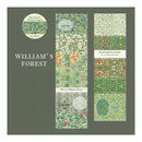 Collection of William Morris floral paper designs on a green background