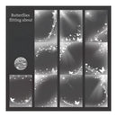 A set of black and white digital photography backdrops featuring elegant butterfly and light trail designs, with text reading 'Butterflies fitting about' and a circular logo for 'Nicky Designer'.