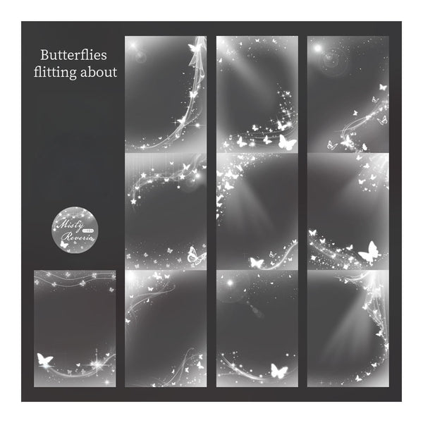 A set of black and white digital photography backdrops featuring elegant butterfly and light trail designs, with text reading 'Butterflies fitting about' and a circular logo for 'Nicky Designer'.