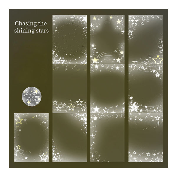 A set of dark olive green invitation card templates decorated with glowing white and gold stars, sparkles, and light trails, with the text 'Chasing the shining stars' and a circular 'Merry Birthday' emblem.