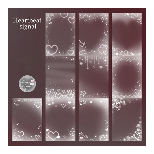 A set of digital Valentine's themed background panels with heart graphics, labeled 'Heartbeat signal' and featuring a circular 'Mia's Creations' logo, all on a dark brown background.