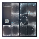 A digital preview sheet showing multiple dark frosted glass panel designs with white and light blue snowflakes and misty shadow effects. The left side includes the text 'Snowflakes and Mist Shadows' and a circular logo reading 'Mist Shapers'.