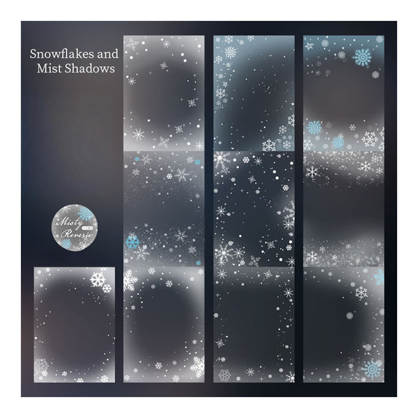 A digital preview sheet showing multiple dark frosted glass panel designs with white and light blue snowflakes and misty shadow effects. The left side includes the text 'Snowflakes and Mist Shadows' and a circular logo reading 'Mist Shapers'.