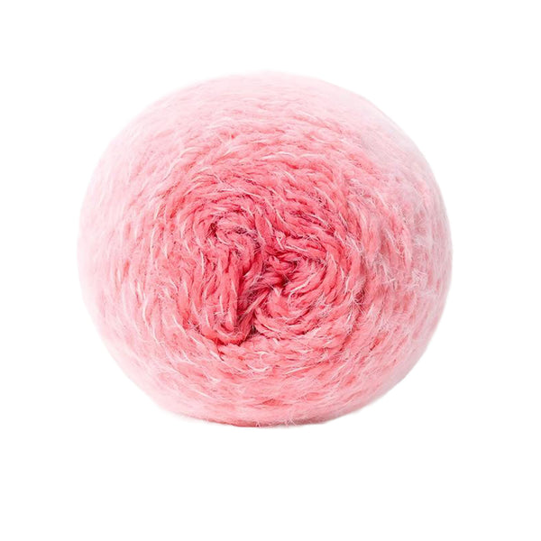 A single ball of fluffy pink yarn centered on a plain white background.