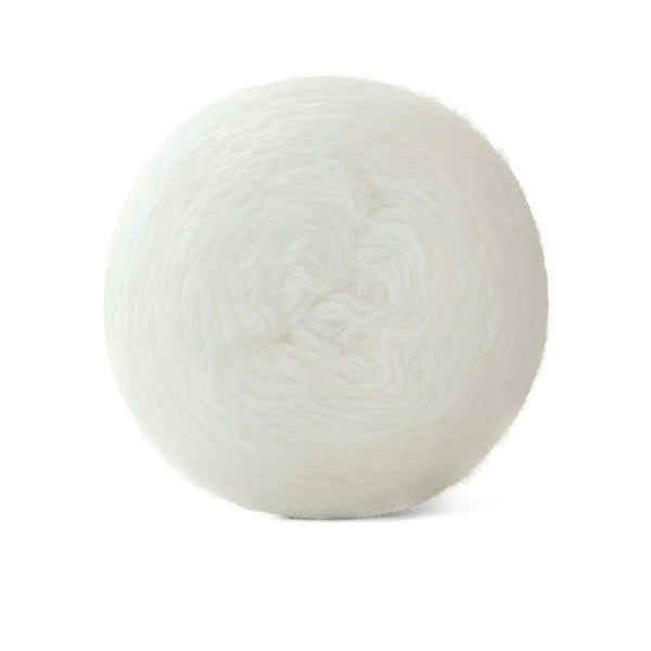 A single fluffy white ball of yarn or fiber, photographed against a clean white background.