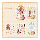 Decorative sticker sheet with illustrations of a snow globe, chess pieces, and other decorative elements on a beige background.