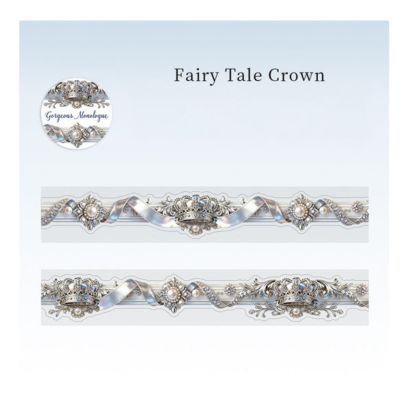 A decorative silver and white embroidered band labeled 'Fairy Tale Crown' with a circular logo reading 'Gaspard's Handicraft.' The design shows ornate mirrored embroidery with ribbon-like folds, floral motifs, and crown details on a pale blue-to-white gradient background.