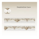 A product display showing two horizontal strips of ornate lace trim labeled 'Inspiration Lace,' with a circular logo reading 'Elegant Vintage' in the upper left on a soft beige background.