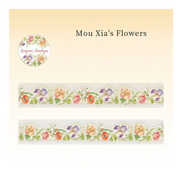 A floral border pattern labeled 'Mou Xia's Flowers' on a pale beige background, with a circular logo reading 'Gorgeous Handmade' and two horizontal strips showing the repeating design.