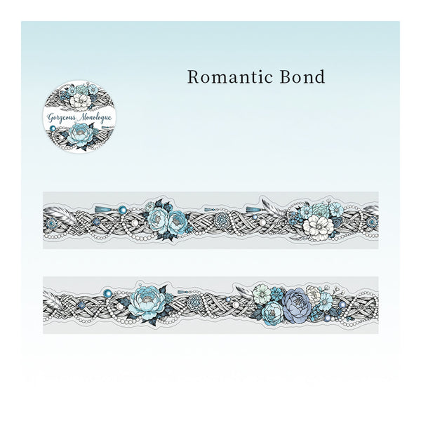 A decorative lace trim sample labeled 'Romantic Bond' with floral and ribbon detailing in pale blue, white, and gray on a light blue gradient background. A circular logo reading 'Grigoriy's handmade' appears at upper left.