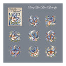 A sheet of nine butterfly-themed decorative designs on a gray background, including one larger preview labeled 'Butterflies & Butterflitting' and the title 'Ning Lan Blue Butterfly.' The designs feature blue and orange butterflies with white, yellow, and purple flowers and crescent moons.