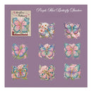 A purple square design sheet featuring multiple pastel butterfly and flower illustrations, with the text 'Purple Mist Butterfly Shadow' at the top and a small card reading 'Butterflies Fluttering' in the upper left.