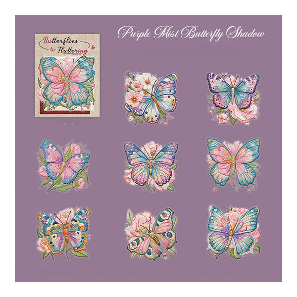 A purple square design sheet featuring multiple pastel butterfly and flower illustrations, with the text 'Purple Mist Butterfly Shadow' at the top and a small card reading 'Butterflies Fluttering' in the upper left.