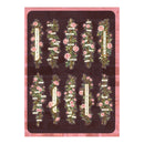A decorative art print or card featuring ten vertical floral arrangements with pink roses, green leaves, and cream labels on a dark brown background, framed by a pink border.