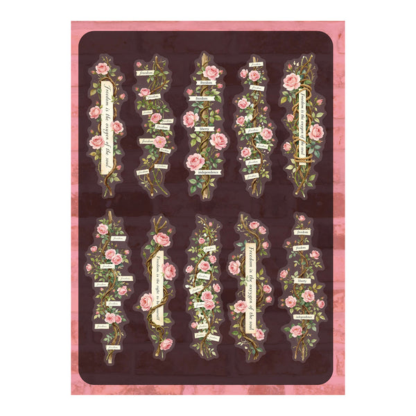 A decorative art print or card featuring ten vertical floral arrangements with pink roses, green leaves, and cream labels on a dark brown background, framed by a pink border.