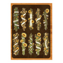 A decorative art print featuring ten vertical arrangements of sunflowers and twisted tree trunks on a dark brown background, framed by a light wood border. Each arrangement includes a white banner with cursive text.