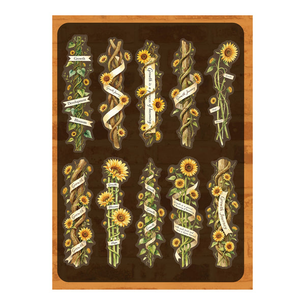 A decorative art print featuring ten vertical arrangements of sunflowers and twisted tree trunks on a dark brown background, framed by a light wood border. Each arrangement includes a white banner with cursive text.