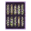 A decorative art print or card featuring a botanical arrangement of purple flowers and green leaves on a dark purple background, with several vertical cream labels containing text. The print is centered on a light purple textured background.