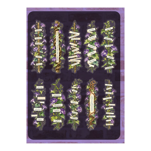 A decorative art print or card featuring a botanical arrangement of purple flowers and green leaves on a dark purple background, with several vertical cream labels containing text. The print is centered on a light purple textured background.