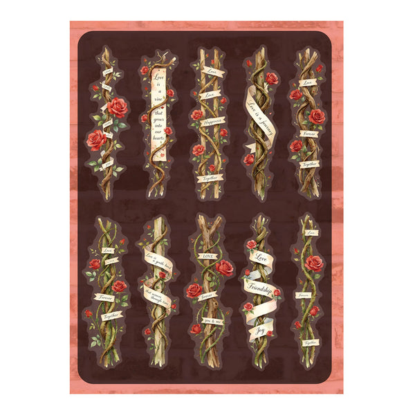A decorative art print featuring twelve vertical rose-styled banners with vintage script text, arranged in two rows on a dark brown background with a pink border.